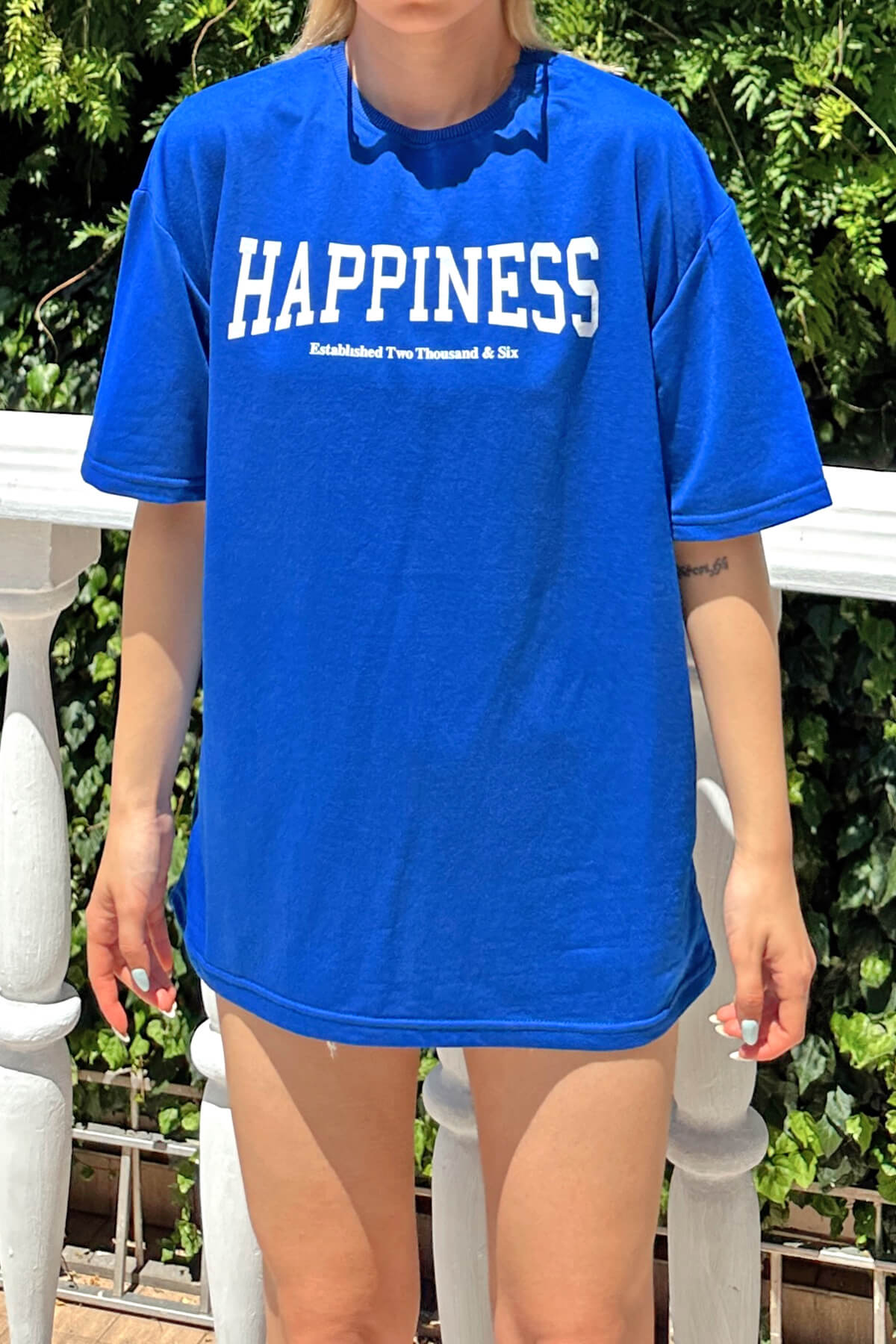 Mavi Happiness Baskılı Oversize Kadın Tshirt - 4
