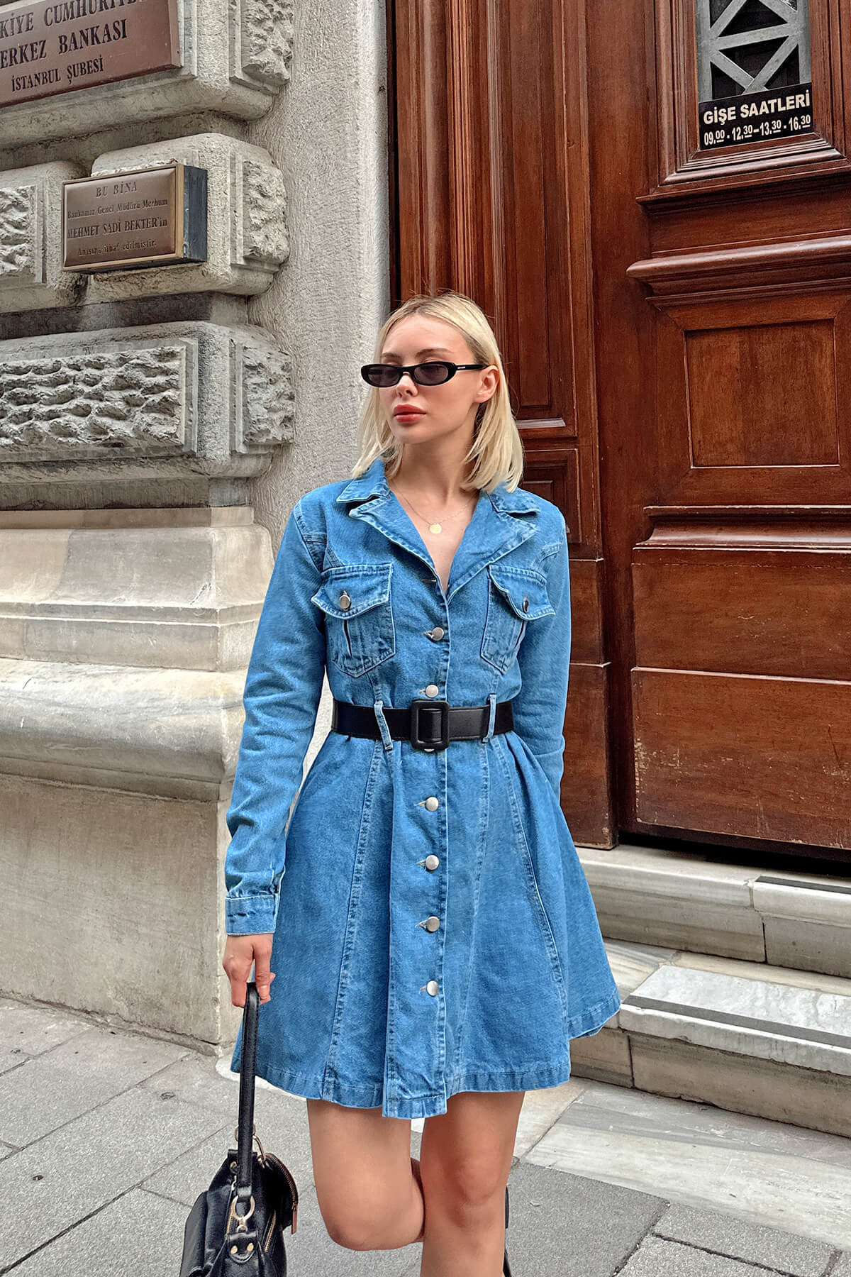 Mavi Kemer Detaylı Gömlek Yaka Kadın Denim Gömlek Mini Elbise - 2