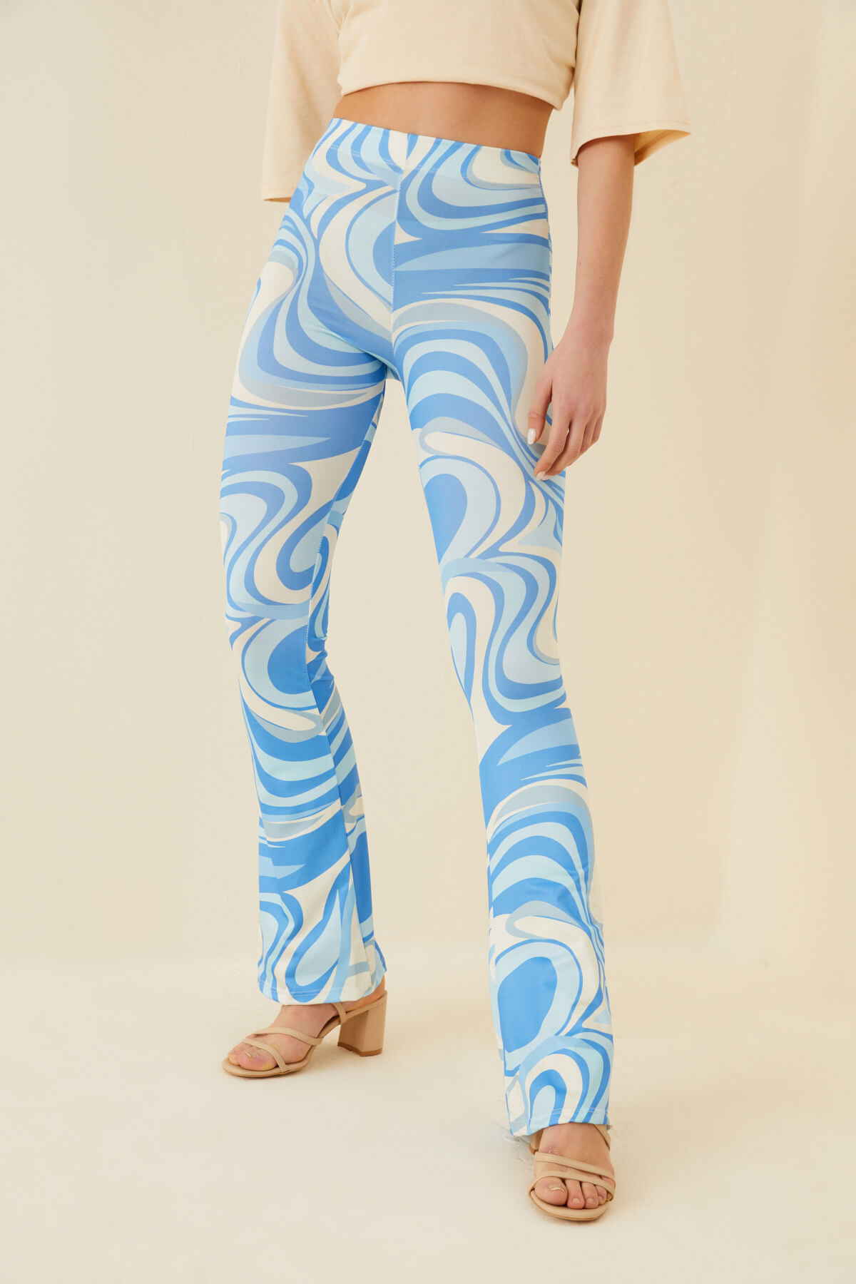 Mavi Soyut Desenli İspanyol Paça Kadın Pantolon - 2