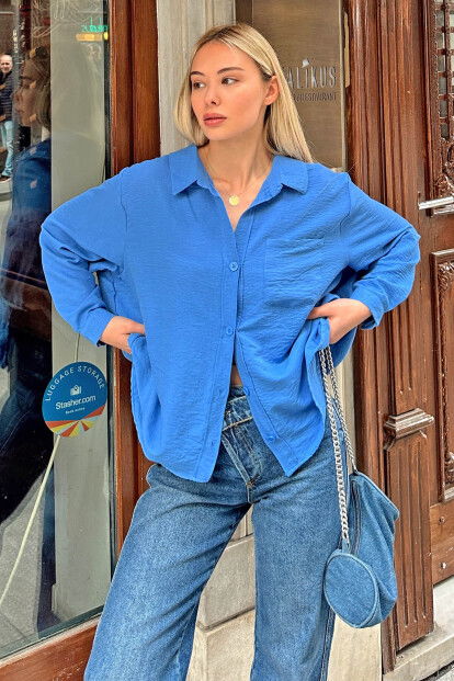 Mavi Tek Cepli Oversize Rahat Kalıp Kadın Gömlek - 1