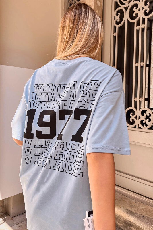 Mavi Vintage Sırt Baskılı Oversize Kadın Tshirt - SWİST (1)