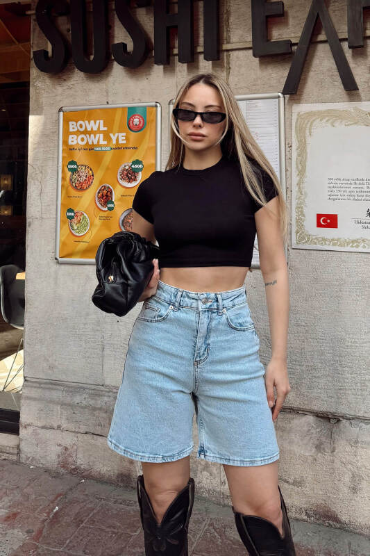 Mavi Yüksek Bel Kadın Fit Denim Şort - SWİST (1)
