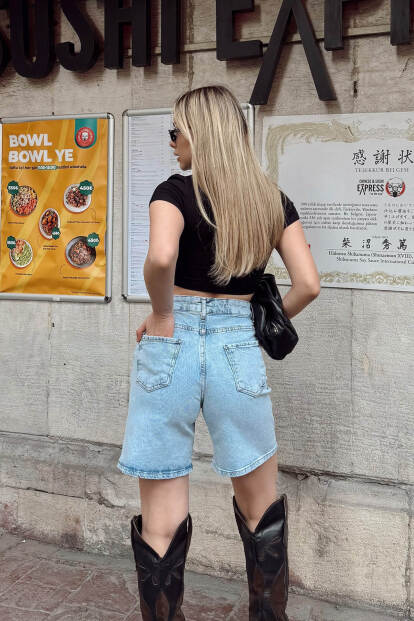 Mavi Yüksek Bel Kadın Fit Denim Şort - 5