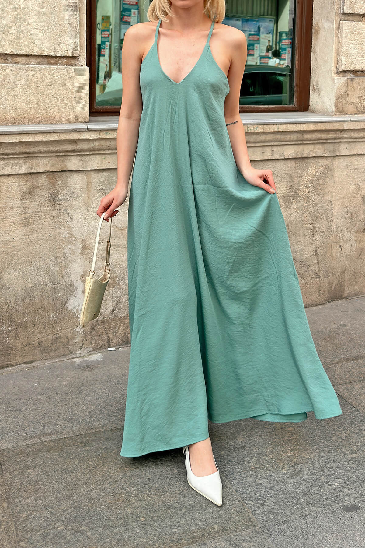 Mint Yeşili Askılı Relaxed Salaş Kadın Keten Midi Elbise - 4
