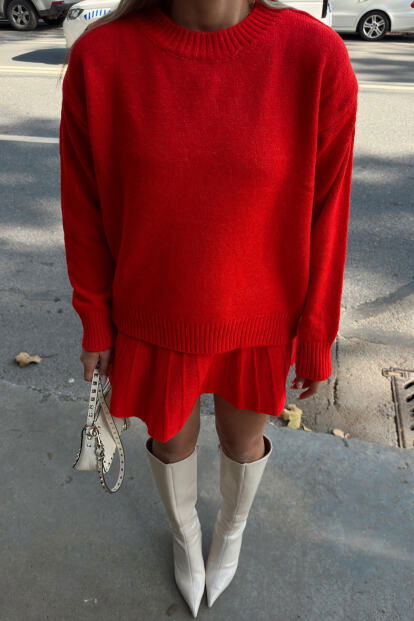 Nar Çiçeği Paloma Piliseli Etek-Bisiklet Yaka Kazak Kadın Triko Alt Üst Takım - 4