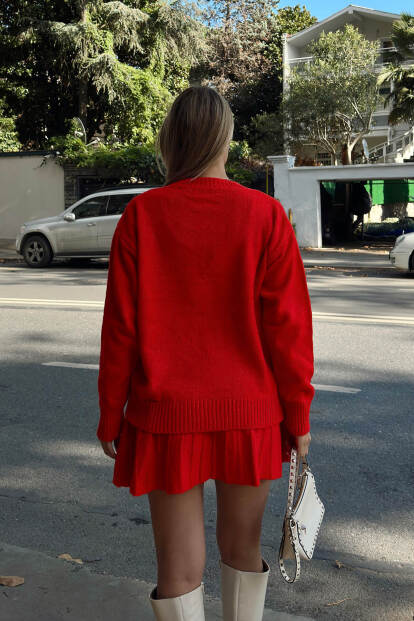 Nar Çiçeği Paloma Piliseli Etek-Bisiklet Yaka Kazak Kadın Triko Alt Üst Takım - 5