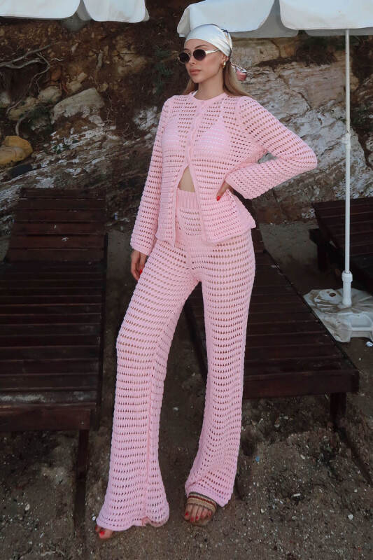 Pembe Ajurlu Hırka-Pantolon Kadın Triko Alt Üst Plaj Takım - SWİST (1)