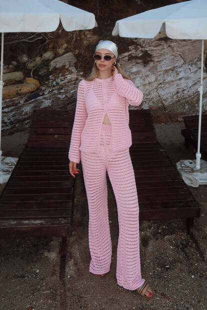 Pembe Ajurlu Hırka-Pantolon Kadın Triko Alt Üst Plaj Takım - 3