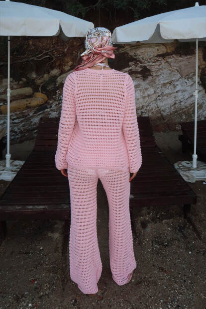 Pembe Ajurlu Hırka-Pantolon Kadın Triko Alt Üst Plaj Takım - 5