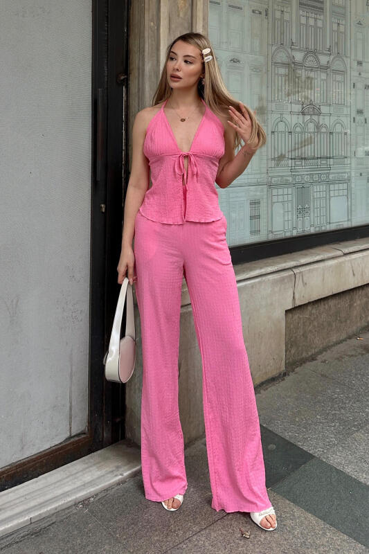 Pembe Bağlama Detaylı Crop-Pantolon Bürümcük Kadın Altı Üst Takım - SWİST (1)