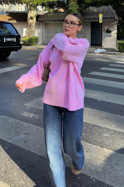 Pembe Biscuit Bisiklet Yaka Oversize Kadın Triko Kazak - 3