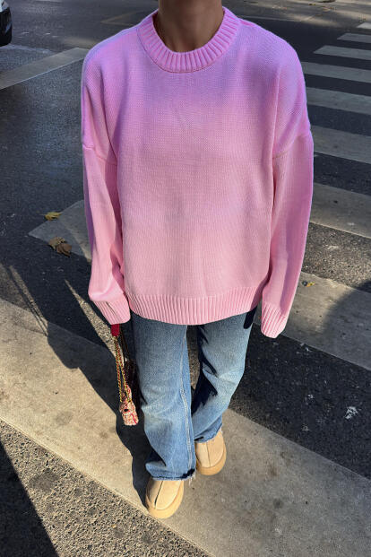 Pembe Biscuit Bisiklet Yaka Oversize Kadın Triko Kazak - 4