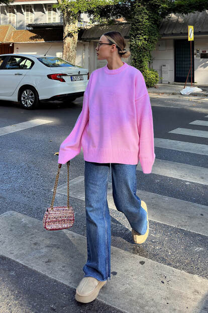 Pembe Biscuit Bisiklet Yaka Oversize Kadın Triko Kazak - 2