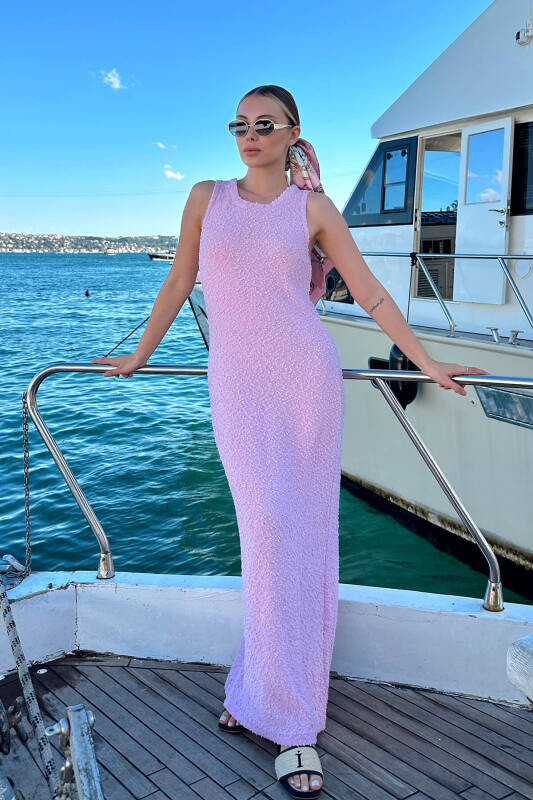 Pembe Bisiklet Yaka Kabartma Detay Kadın Triko Midi Elbise - SWİST (1)