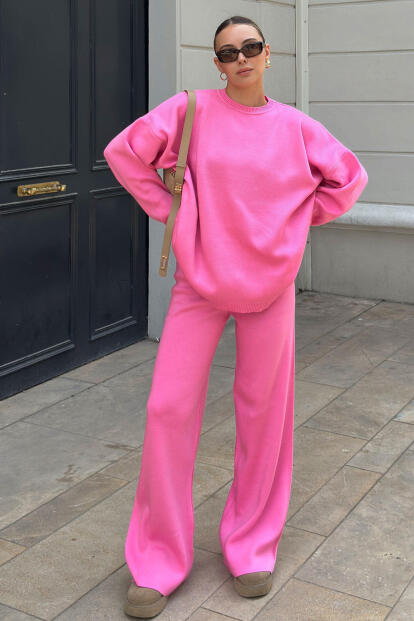 Pembe Bisiklet Yaka Oversize Kazak-Pantolon Örgü Kadın Alt-Üst Takım - 1