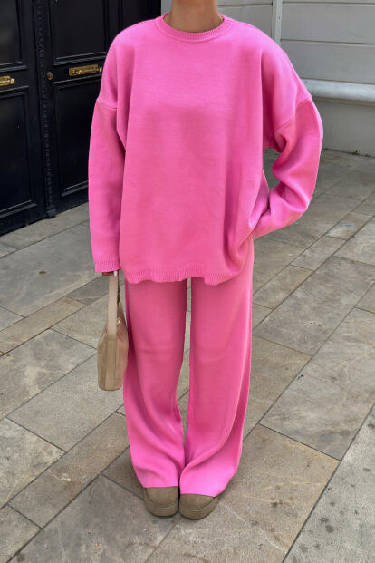 Pembe Bisiklet Yaka Oversize Kazak-Pantolon Örgü Kadın Alt-Üst Takım - 4