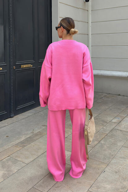 Pembe Bisiklet Yaka Oversize Kazak-Pantolon Örgü Kadın Alt-Üst Takım - 5