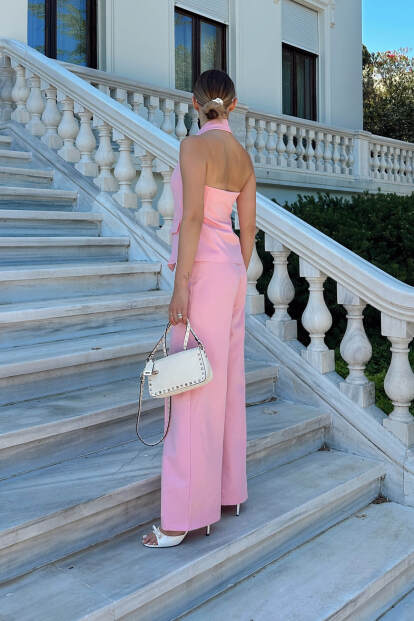 Pembe Boyundan Geçmeli Yelek-Palazzo Pantolon Kadın Alt Üst Takım - 5