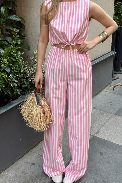 Pembe Çizgili Sıfır Kol Crop Pantolon Kadın Keten Alt Üst Takım - 4