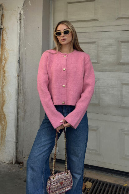 Pembe Deniz Kabuklu Düğmeli Kadın Triko Hırka - 2