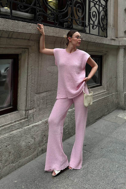 Pembe Düşük Kol Bluz-Pantolon Örme Kadın Triko Alt Üst Takım - 2