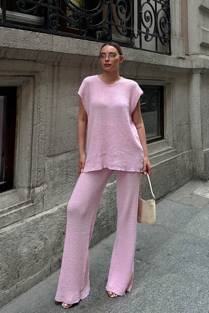 Pembe Düşük Kol Bluz-Pantolon Örme Kadın Triko Alt Üst Takım - 3