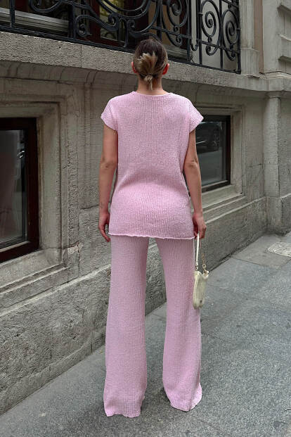 Pembe Düşük Kol Bluz-Pantolon Örme Kadın Triko Alt Üst Takım - 5