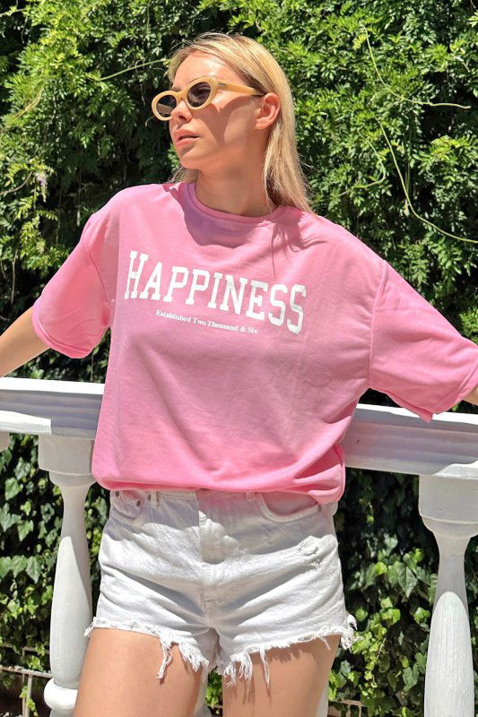 Pembe Happiness Baskılı Oversize Kadın Tshirt - SWİST