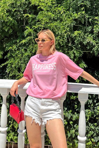 Pembe Happiness Baskılı Oversize Kadın Tshirt - 2