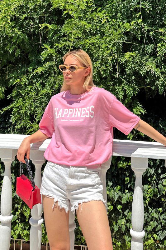 Pembe Happiness Baskılı Oversize Kadın Tshirt - SWİST (1)