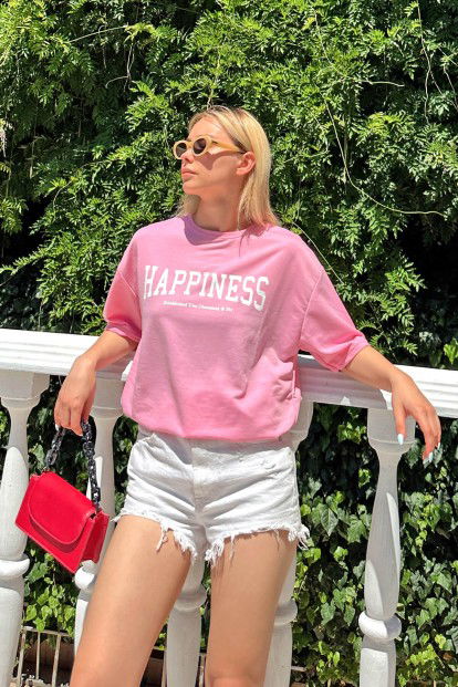 Pembe Happiness Baskılı Oversize Kadın Tshirt - 3