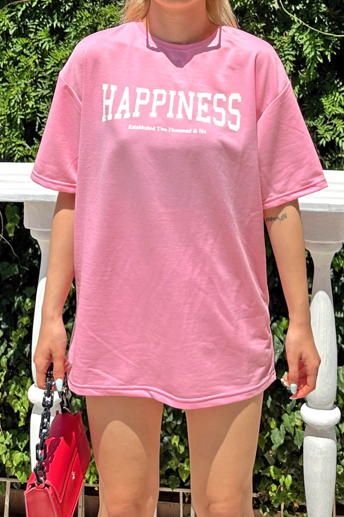 Pembe Happiness Baskılı Oversize Kadın Tshirt - 4