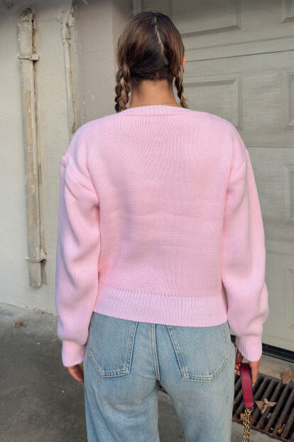 Pembe Heart Gold Kalp Düğmeli Kadın Triko Hırka - 5