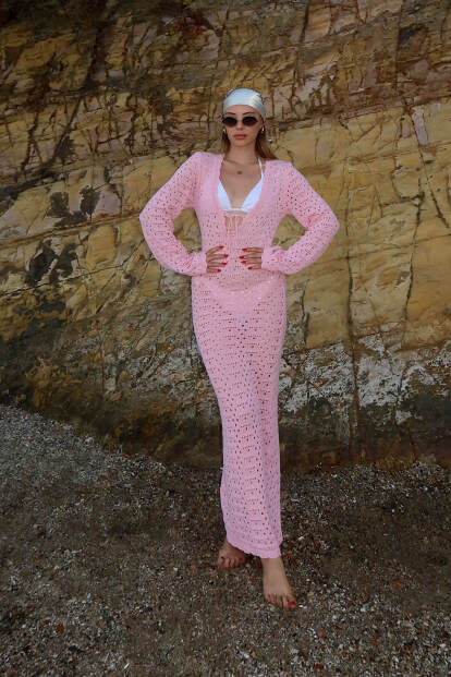 Pembe Keira Yakası Bağlama Detay Ajurlu Kadın Triko Plaj Midi Elbise - 3