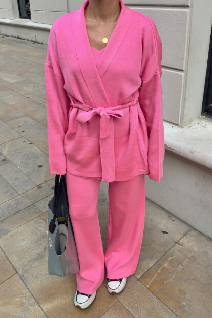 Pembe Kuşaklı Hırka-Askılı Crop-Pantolon 3'lü Kadın Triko Takım - 4