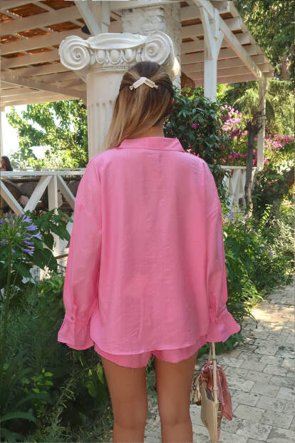 Pembe Manşet Büzgü Detay Gömlek-Şort Kadın Alt Üst Takım - 5