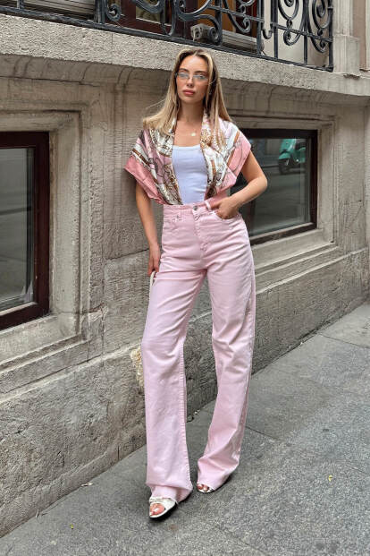 Pembe Paça Detaylı Yüksek Bel Wide Leg Kadın Jean - 2