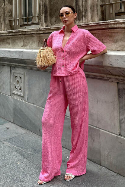 Pembe Polo Yaka Crop Pantolon Kadın Bürümcük Alt Üst Takım - 1