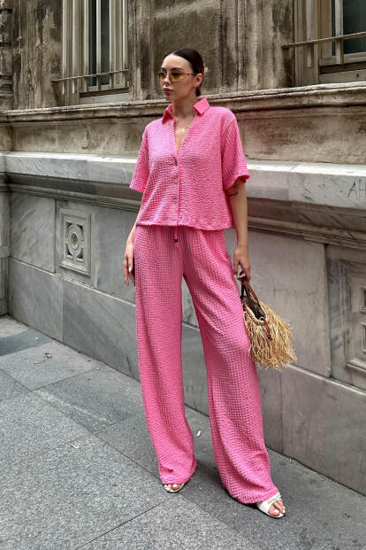 Pembe Polo Yaka Crop Pantolon Kadın Bürümcük Alt Üst Takım - 2