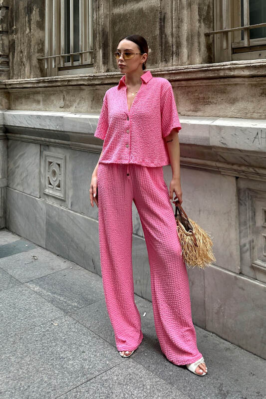 Pembe Polo Yaka Crop Pantolon Kadın Bürümcük Alt Üst Takım - SWİST (1)