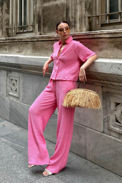Pembe Polo Yaka Crop Pantolon Kadın Bürümcük Alt Üst Takım - 3
