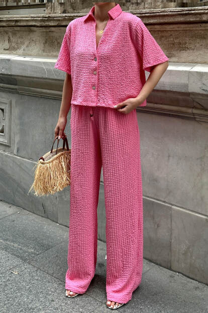 Pembe Polo Yaka Crop Pantolon Kadın Bürümcük Alt Üst Takım - 4