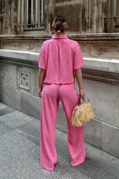 Pembe Polo Yaka Crop Pantolon Kadın Bürümcük Alt Üst Takım - 5