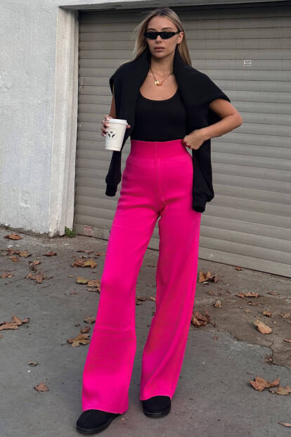 Pembe Yüksek Bel Beli Lastikli Kadın Triko Pantolon - 1