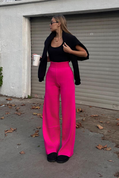 Pembe Yüksek Bel Beli Lastikli Kadın Triko Pantolon - 2