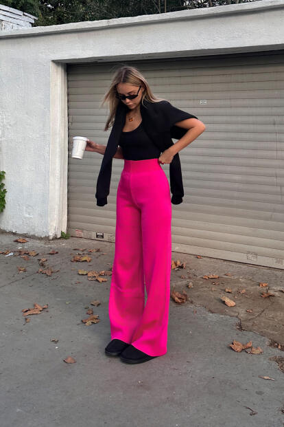 Pembe Yüksek Bel Beli Lastikli Kadın Triko Pantolon - 3