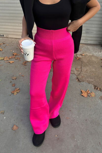 Pembe Yüksek Bel Beli Lastikli Kadın Triko Pantolon - 4