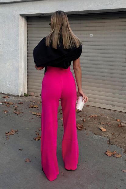 Pembe Yüksek Bel Beli Lastikli Kadın Triko Pantolon - 5
