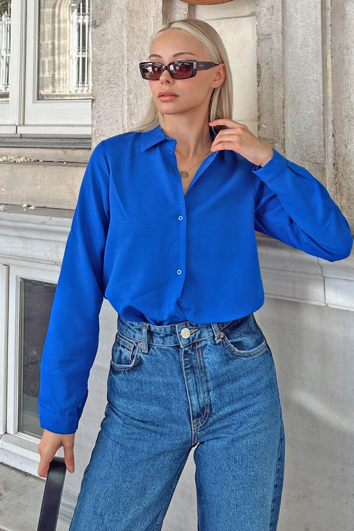 Saks Mavisi Oversize Uzun Basic Kadın Gömlek - 1