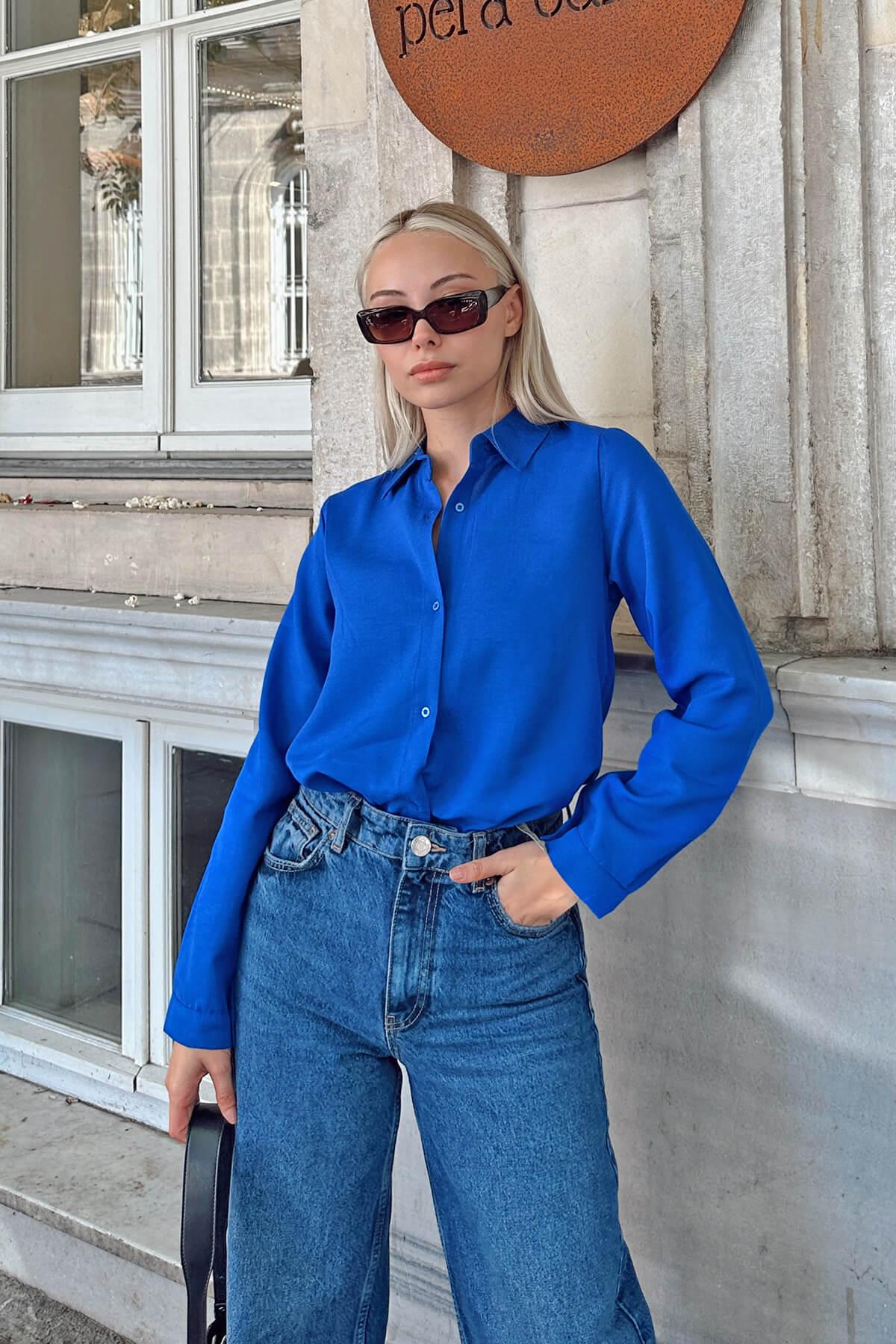 Saks Mavisi Oversize Uzun Basic Kadın Gömlek - 2